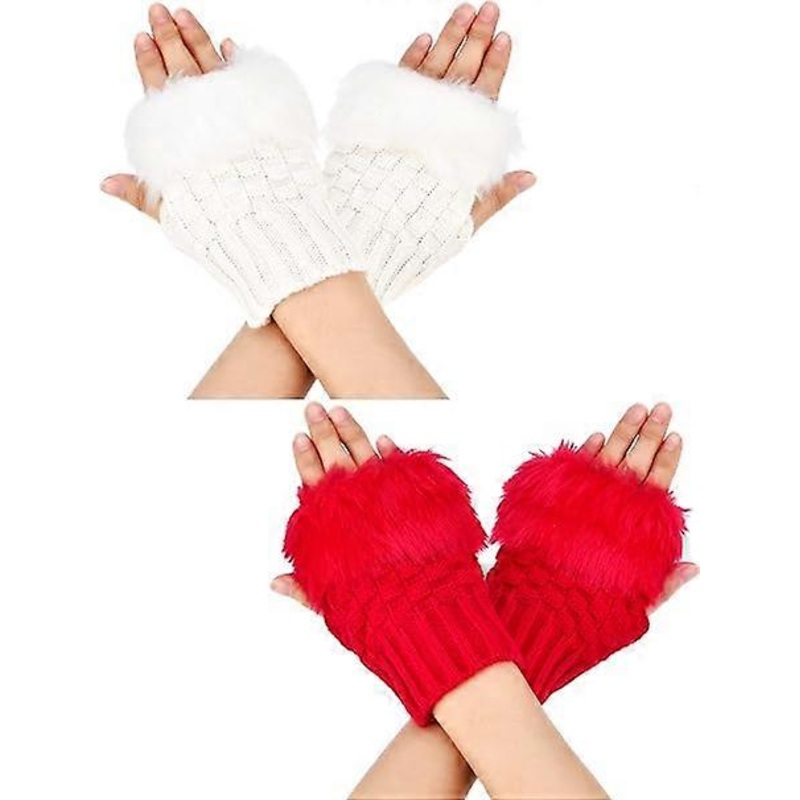 (Blanc + Rouge) 2 Paires de Gants d’Hiver sans Doigts Gants Courts pour cran Tactile Mitaines avec Trous pour les Pouce Gants Tricots Chauds en Fausse