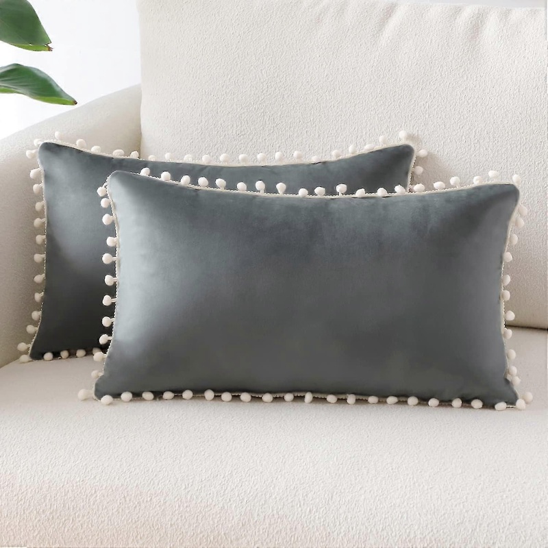 (30×50 cm, Gris Fonc)Lot de 2 Housses de Coussin Dcoratives en Velours Doux Pompons Taies d’oreiller Dcoration D’intrieur Housse Coussins pour Can